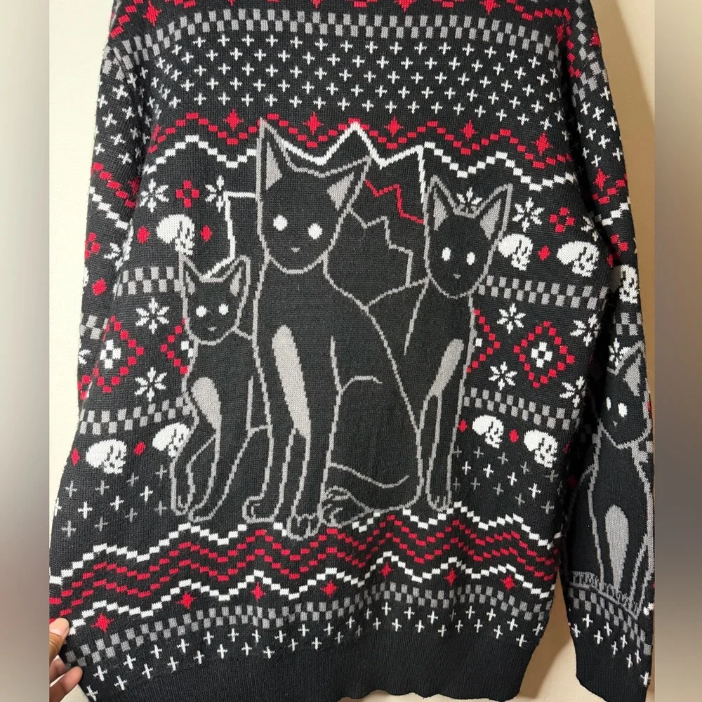 Killstar Gothic Skull & Black Cat Ugly Christmas Sweater XL Goth Holiday Knit - Picture 8 of 8